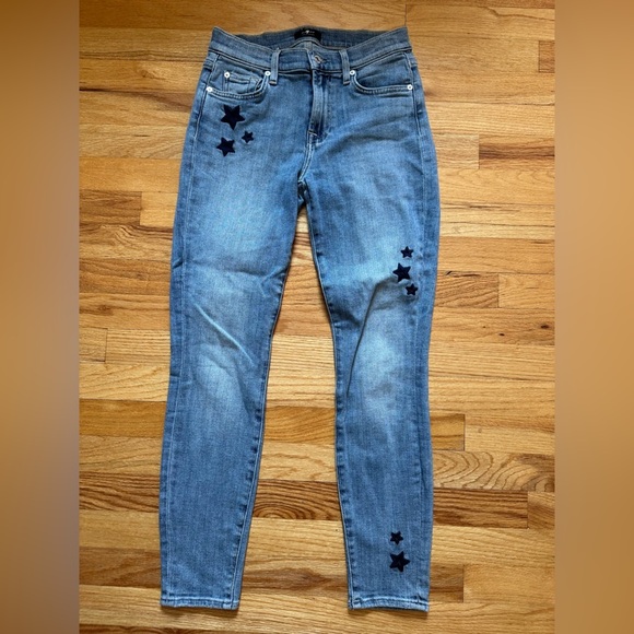 7 For All Mankind The Ankle Skinny Star Embroidered Blue Jeans in Trio size 26 - Picture 7 of 8